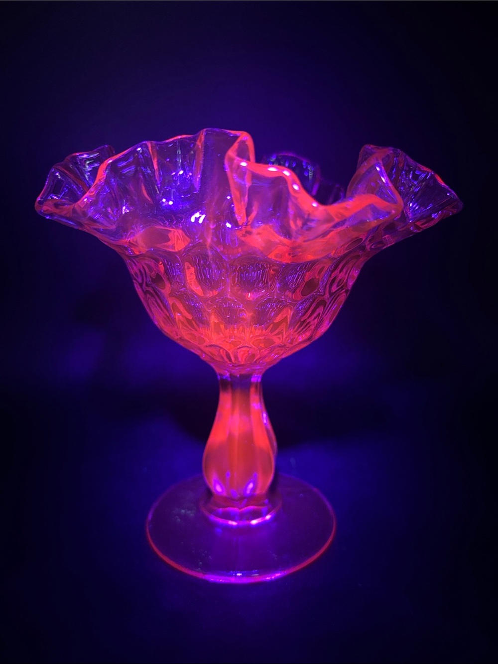 Vintage Fenton thumbprint colonial pink selenium glass ruffled compote dish glow